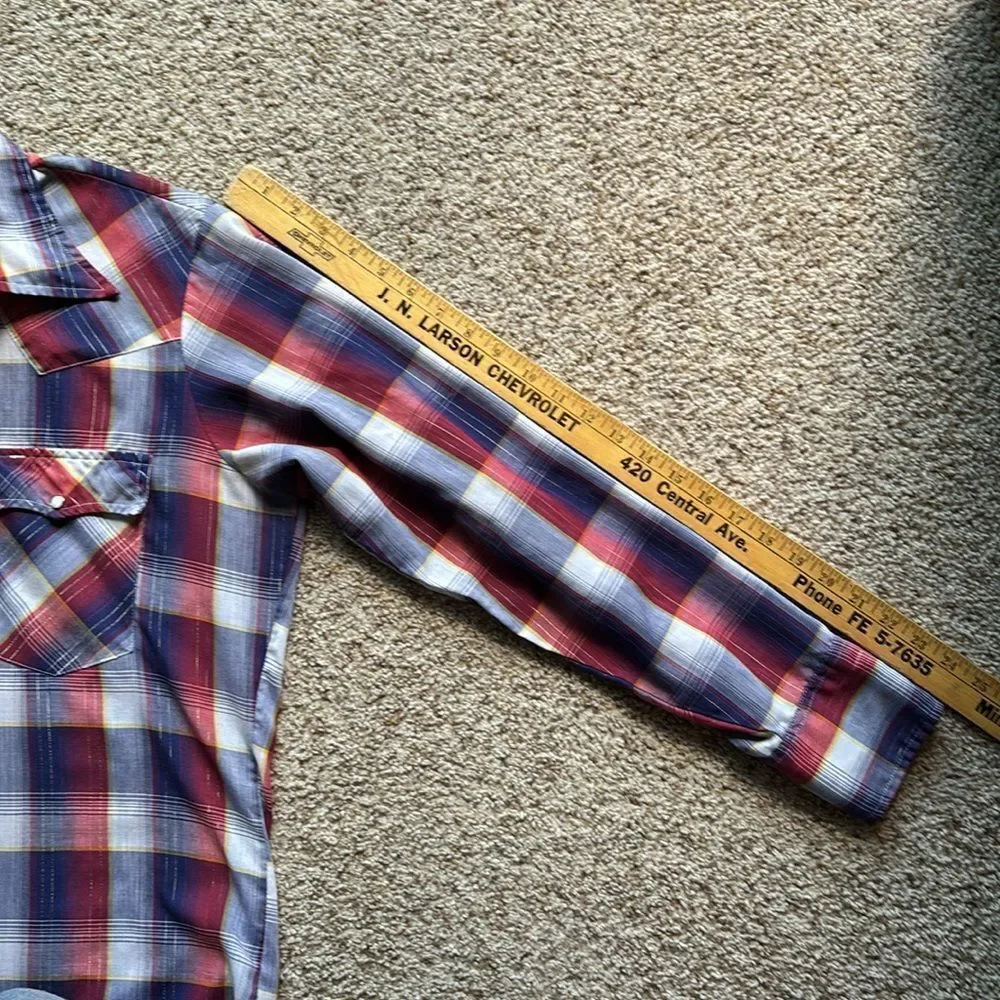 VTG 70’s Levi’s Red White Blue Gold Plaid Pearl Snap Western Shirt L